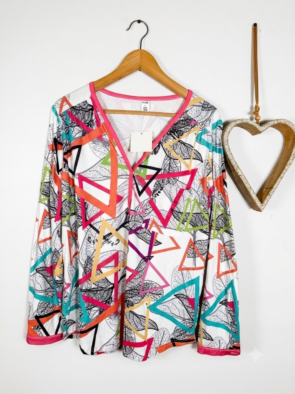 Pixie Lady Geometric Triangle Leaf Print Top Blouse XL Long Sleeve V-Neck